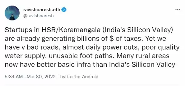 बेंगलूरु: खराब सड़कों व सुविधाओं के बारे में खाताबुक सीईओ के ट्वीट पर तेलंगाना के मंत्री का प्रस्ताव- बैग पैक करें, हैदराबाद आ जाएं