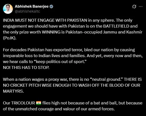 भारत को किसी भी क्षेत्र में पाकिस्तान के साथ बातचीत नहीं करनी चाहिए: अभिषेक बनर्जी