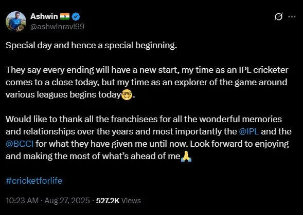 अश्विन ने आईपीएल से संन्यास की घोषणा की