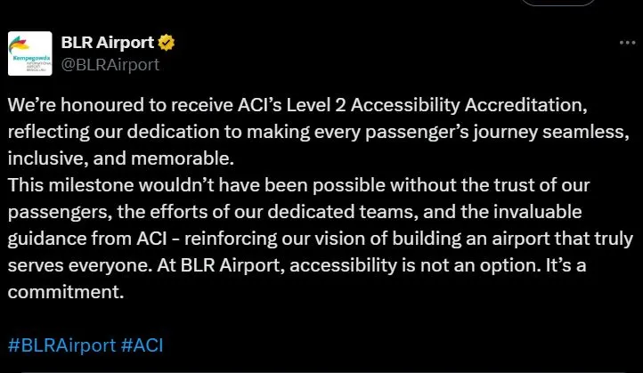 बेंगलूरु हवाईअड्डा भारत में लेवल-2 एक्सेसिबिलिटी एन्हांसमेंट एक्रेडिटेशन पाने वाला पहला हवाईअड्डा बना