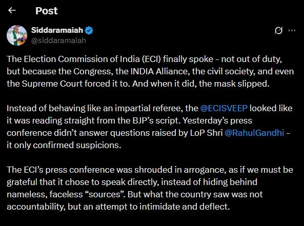 चुनाव आयोग ने जवाब देने के बजाय विपक्ष को धमकाने की कोशिश की: सिद्दरामय्या