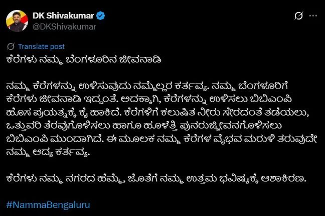 झीलों को बचाना हम सबका कर्तव्य, ये बेंगलूरु की जीवन रेखा की तरह हैं: डीके शिवकुमार