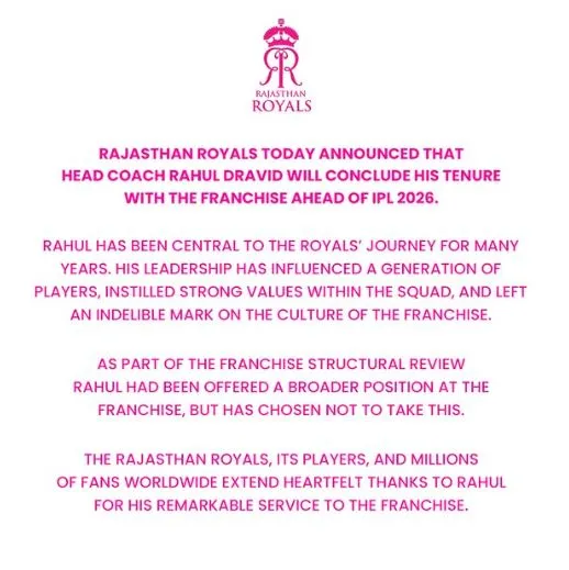 राहुल द्रविड़ ने राजस्थान रॉयल्स के हेड कोच का पद छोड़ा