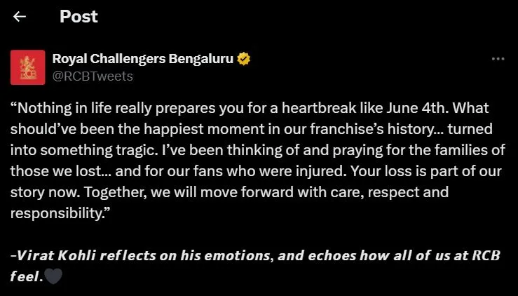 विराट कोहली ने 'बेंगलूरु भगदड़' पर कहा- 'सबसे खुशी का पल दु:खद में बदल गया' 