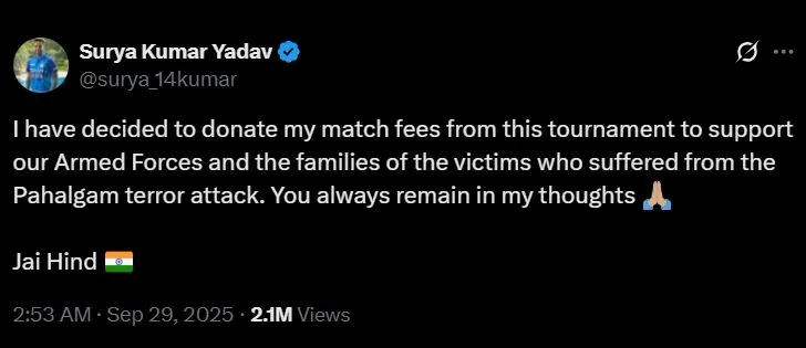 एशिया कप की अपनी मैच फीस सशस्त्र बलों और पहलगाम पीड़ितों को दान करेंगे सूर्य कुमार