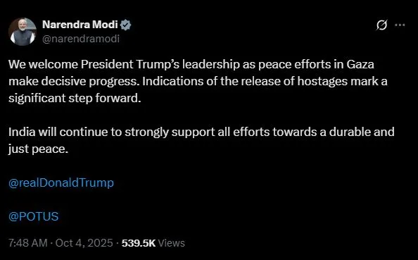गाजा: शांति प्रयासों में प्रगति के बीच मोदी ने ट्रंप के प्रयासों का स्वागत किया