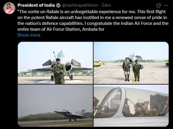 राष्ट्रपति मुर्मू ने राफेल लड़ाकू विमान से उड़ान भरी