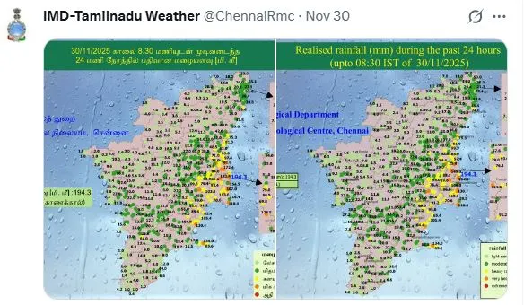 चक्रवात दित्वाह की वजह से तमिलनाडु और पुड्डुचेरी में लगातार बारिश हुई