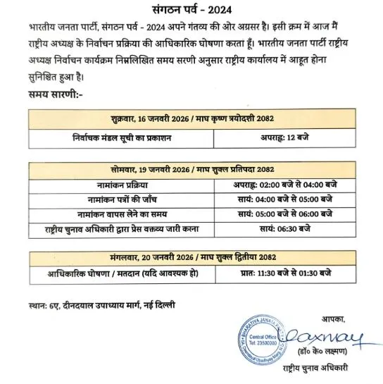 भाजपा अपने नए अध्यक्ष का नाम 20 जनवरी को घोषित करेगी