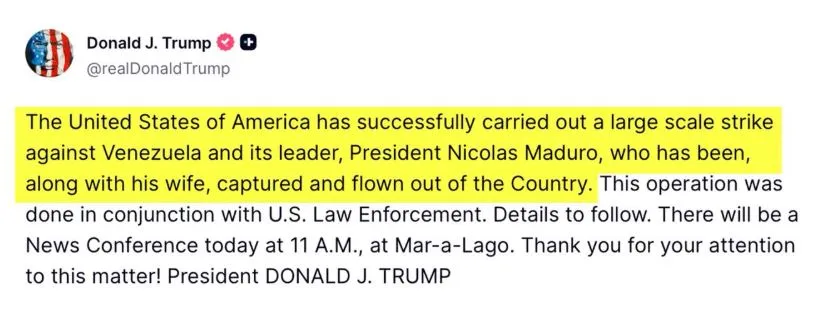अमेरिका ने वेनेजुएला पर हमला किया, मादुरो और उनकी पत्नी को पकड़ा