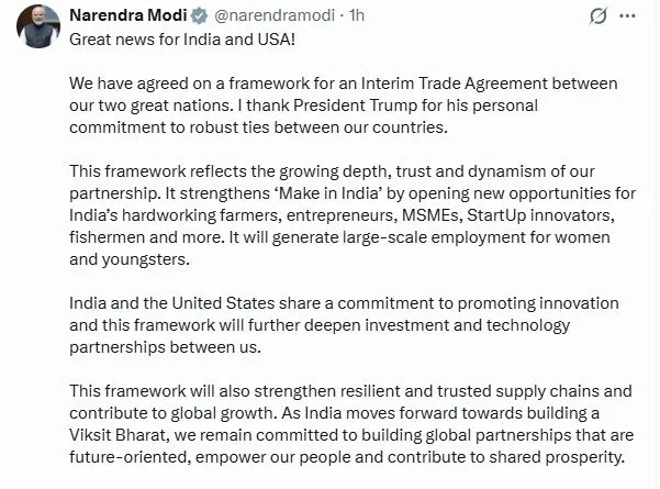 व्यापार समझौते से ‘मेक इन इंडिया’ को मिलेगी मजबूती, रोजगार के अवसर सृजित होंगे: प्रधानमंत्री