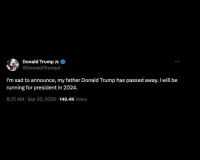 डोनाल्ड ट्रंप के बेटे का ट्वीट- मेरे पिता नहीं रहे!